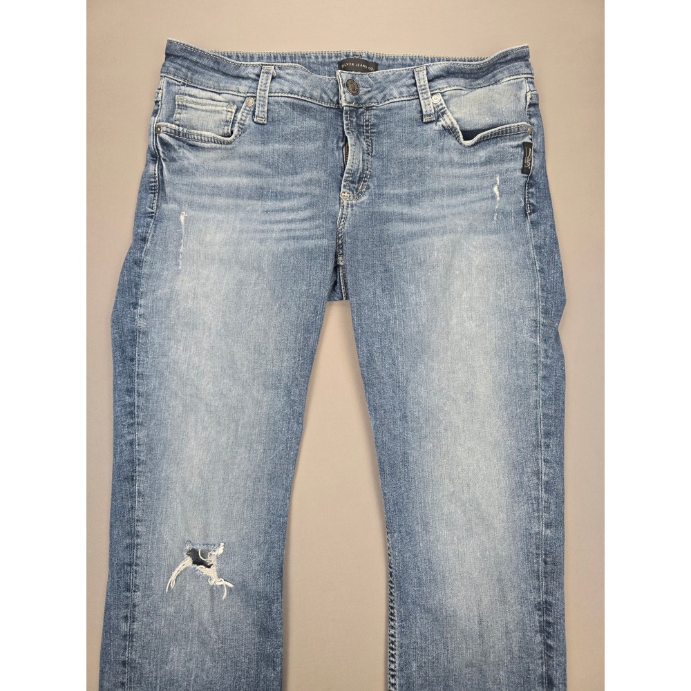 Silver Jeans Co Elyse Mid Rise Light Wash Grunge Straight Leg Jeans - W31